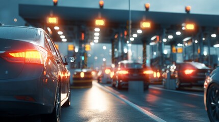 Busy toll booth scene with cars waiting in line during twilight, showcasing urban infrastructure, traffic management, and evening ambiance