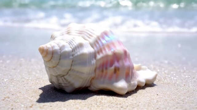 A pristine, iridescent seashell resting gently on a sun kissed, wet sandy beach at the edge of the ocean, with soft, clear waves lapping nearby. Environmental shot showcasing the shell in its?