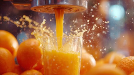 Freshly Squeezed Orange Juice Being Poured Into a Glass Surrounded by Juicy Oranges in a Vibrant Kitchen Setting with Tiny Droplets of Juice Splashing