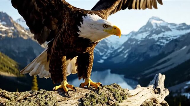 Close up of an eagle's piercing gaze, showcasing its sharp talons gripping a weathered branch in a pristine wilderness setting, emphasizing its predatory nature.