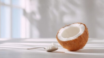 coconut. Coconut half with creamy white flesh and a silver spoon resting beside it, illuminated by soft natural light, creating a serene and inviting atmosphere for culinary inspiration