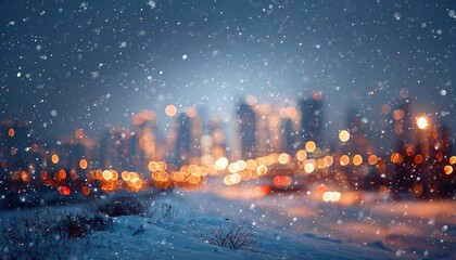 Obraz premium A dreamy bokeh-filled snowy scene with softly glowing city lights and snowfall, creating a magical winter evening ambiance. High quality
