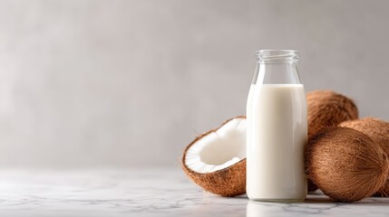 coconut. Coconut milk in a glass bottle sits beside fresh coconuts on a marble surface, showcasing the natural texture and color of the ingredients in an inviting composition