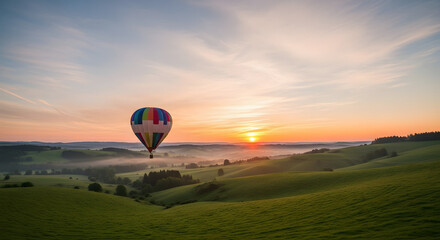 A colorful hot air balloon floating over green hills during a vibrant sunrise in the countryside view