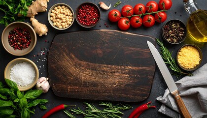 Culinary Still Life - Fresh Ingredients and Rustic Cutting Board.