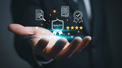 Hand presenting quality assurance and guarantee icons with four star rating