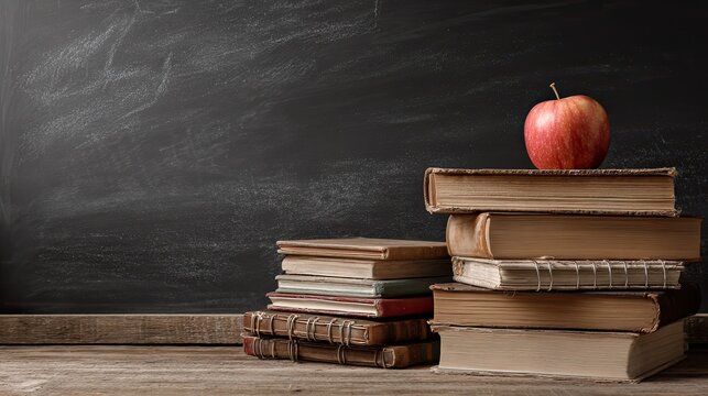 A stack of old books topped with a red apple sits against a chalkboard backdrop, evoking a classic educational theme. - Powered by Adobe