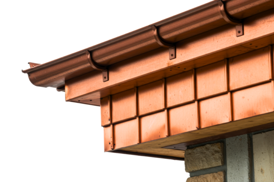 Copper rain gutter corner installation on wooden roof eave on isolated background