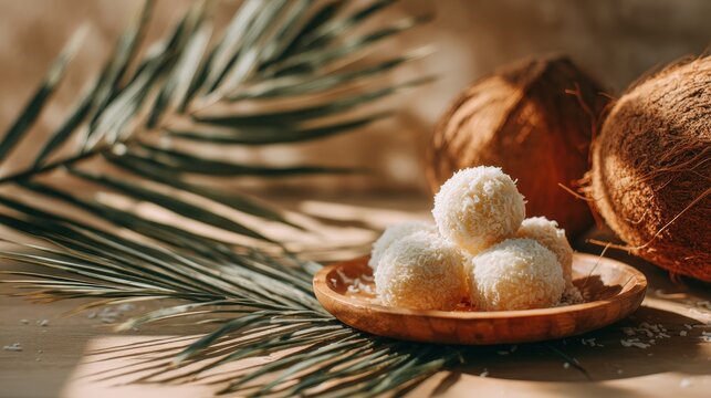 coconut. Coconut dessert balls arranged on a wooden plate, surrounded by fresh coconuts and palm leaves, creating a tropical and inviting atmosphere for culinary enthusiasts