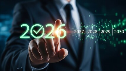 Businessman Actively Selecting The Digital Year 2026 On A Futuristic Virtual Screen Showing Successful Future Planning And Corporate Strategic Goal Achievement Timeline Extending To 2030