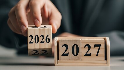 Hand Placing Wooden Block Labeled 2026 Next to 2027 Calendar Showing Successful Transition into the New Year Representing Future Planning Goals and Business Success on a Bright Desk Surface