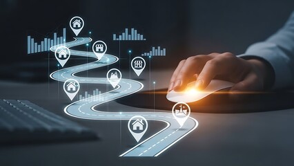 Online Business Progress Visualization Displaying A Winding Road Map With Multiple Location Pin Icons Houses Stores And Data Analysis Bar Charts Managed By A User Clicking A Bright Computer