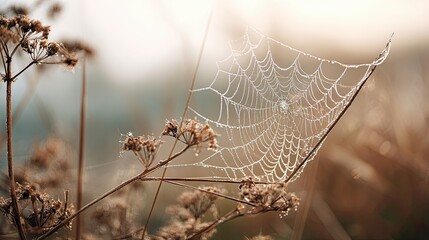 A delicate spider web glistens with dew, suspended among dry grass, capturing the beauty of nature in soft morning light.