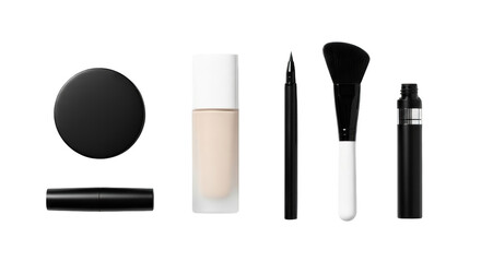 Creative essential makeup products collection on white background presentation showing makeup, cosmetic, beauty concept suitable for advertising or e-commerce design