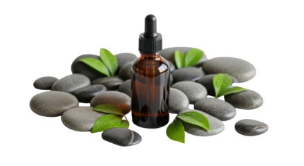 Creative essential oil bottle with spa stones presentation showing essential, oil, bottle concept suitable for advertising or e-commerce design