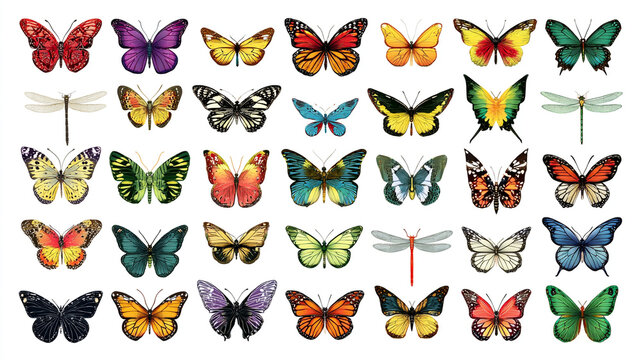 Crisp detailed vector cluster of vivid butterflies and dragonflies isolated on white background, 72 insects