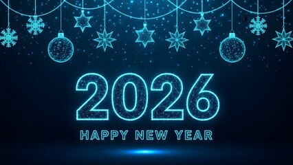 Futuristic 2026 happy new year celebration with digital ornaments