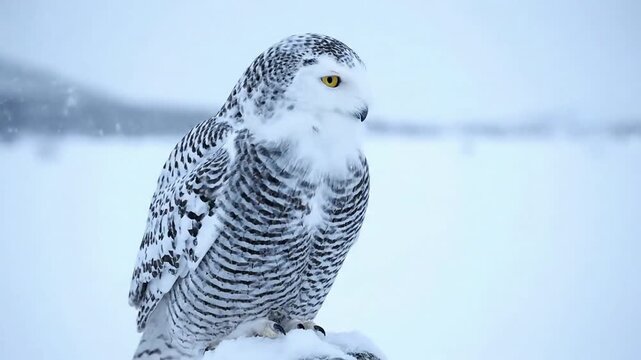 A silent snowy owl in graceful flight against a soft, overcast winter sky, soaring over a vast, snow covered tundra, highlighting its nocturnal hunting prowess.