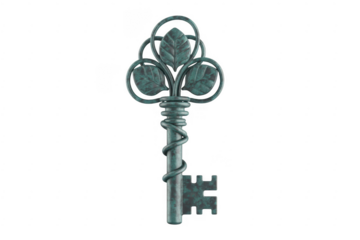 Ornate antique key with leaf motif and coiled serpent design isolated on a transparent background