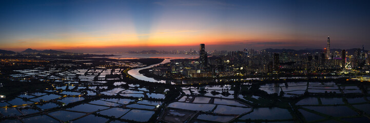 Hong Kong Shenzhen Border Wetlands Aerial at sunset