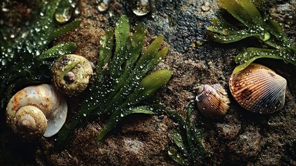 A close-up view of colorful seashells nestled among wet seaweed on a rocky surface, adorned with glistening water droplets.