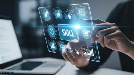 Professional Hand Activating Futuristic Holographic Interface Displaying Skill Management Word and Essential Business Icons Data Analytics Graphs Gears for Career Development and Competency