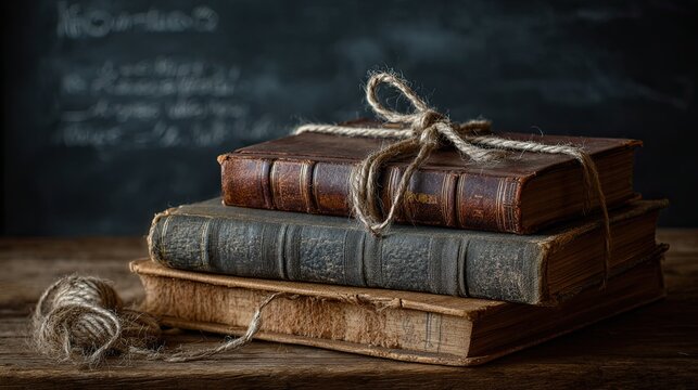 A vintage stack of leather-bound books tied with twine sits on a rustic wooden surface, evoking a sense of nostalgia and literary charm. - Powered by Adobe