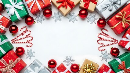 Vibrant Christmas Border with Gifts, Ornaments, Candy Canes, and Snowflakes on White Copy Space