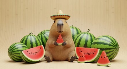 Cute 3D Capybara in Sombrero Holding Watermelon Slice Surrounded by Fresh Melons