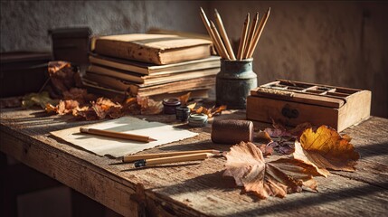 A rustic desk scene featuring old books, pens, ink, and autumn leaves, illuminated by soft light, creating a cozy and creative atmosphere.