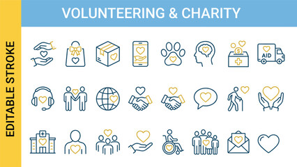 Volunteering and charity vector line icons set: donation, medical aid, animal welfare, disability support, community care, helping hands, giving love, and global hope