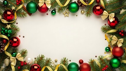Festive Christmas frame with red and green ornaments, pine branches, gold ribbons, and berries on a white background.