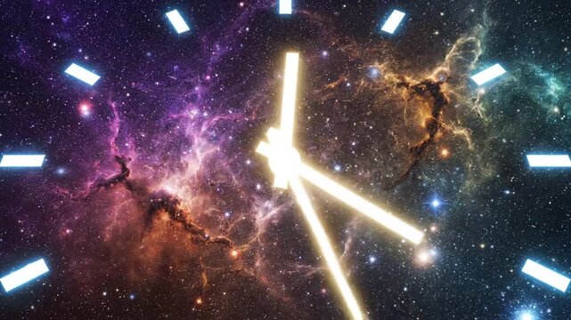 Celestial timepiece against a cosmic canvas