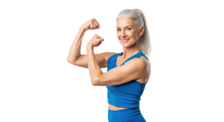 Modern fit senior woman flexing biceps muscles still life photo highlighting woman, senior, elderly ideal for branding or digital marketing content