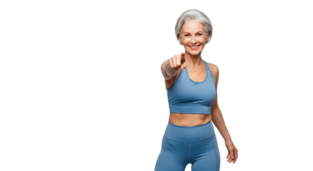 High quality fit senior woman pointing forward with smile mockup or design concept with woman, senior, elderly in studio lighting setup