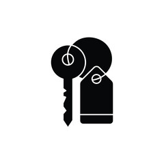 A black silhouette of a house key with a rectangular key tag and a circular keyring.