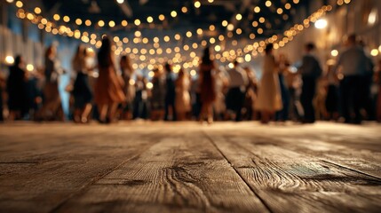 A wooden dance floor in focus with a blurred group of people dancing under warm, festive lighting. High quality