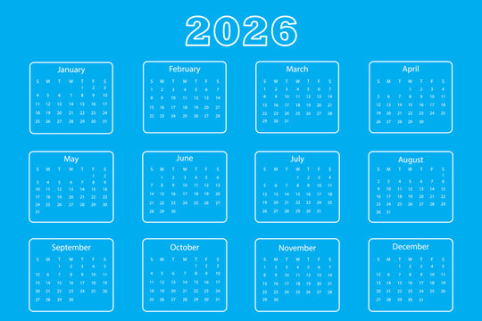 2026 pocket calendar set, simple vertical calendar design template, english language month names, one weekend, sunday first, united states flag colors