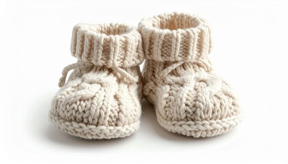 Softly knitted cream baby booties, a charming symbol of new beginnings and the joyful anticipation of a newborn's arrival, delicately crafted for tiny feet against a bright, clean background