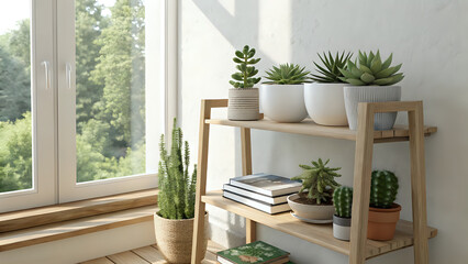 Fototapeta premium modern living room with plant, Modern living room interior, Scandinavian furniture, clean lines, neutral colors, daylight window glow