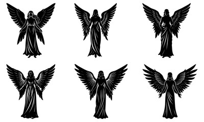 Elegant angel silhouettes in varied poses, spiritual and symbolic imagery for impactful designs, originally a scalable vector graphic for flexible use
