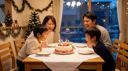 クリスマスケーキを囲んで祝う笑顔の日本人家族
