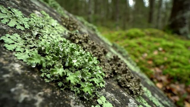 Lichen thriving in its natural habitat, showcasing its symbiotic relationship with rocks, tree bark, or soil in a serene, untouched landscape. environmental context