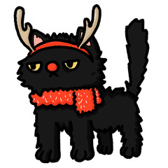 Cartoon Christmas Black Cat Character With Reindeer Headband.