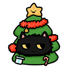 Cartoon Black Cat Head With Christmas Tree