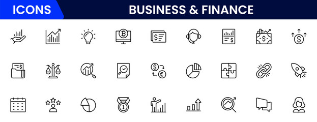 Business and Finance line icons collection. Big UI icon set in a flat design. Thin outline icons pack. Vector illustration