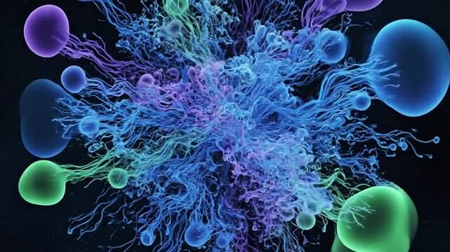 Evolving Fluid Dynamics Showcasing the mesmerizing interplay of abstract particles or liquid like elements as they flow, merge, and transform in a continuous, visually captivating loop.