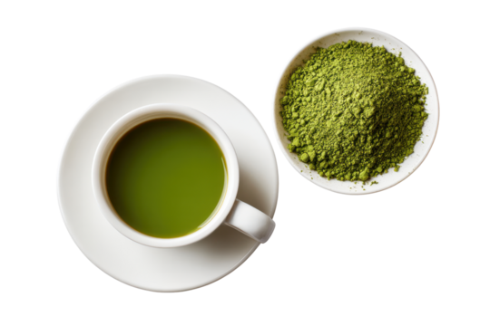 White cup of green matcha tea with powdered matcha in a bowl on black image, Isolated On White Background, Png Transparent