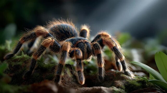 A striking tarantula with vibrant orange and black markings crawls across the damp forest floor, surrounded by lush green foliage.