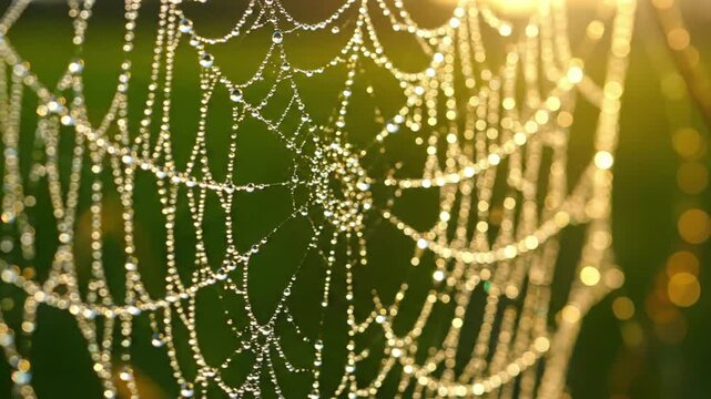 Sparkling water droplets suspended like tiny, spherical jewels along the silken threads of a spiderweb, reflecting the soft, ambient light of dawn. Focus on the reflective qualities and visual?